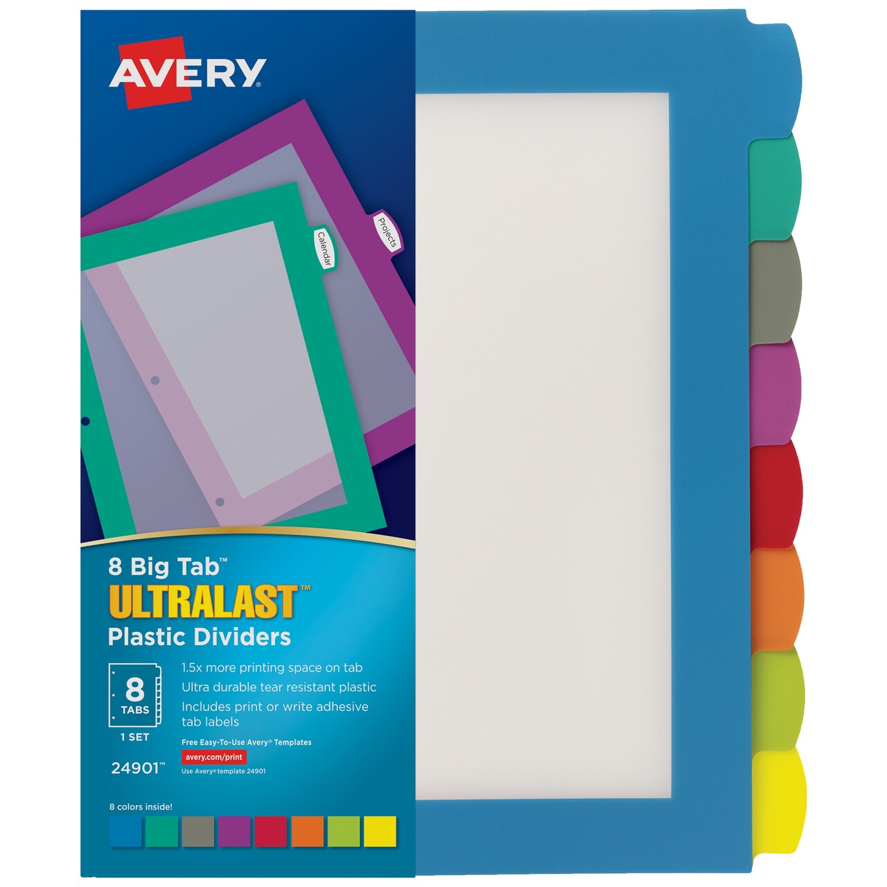 Avery Ultralast Big Tab Plastic Dividers for 3 Ring Binders, 8-Tab Set, Multicolor with White Labels, 1 Set (24901)